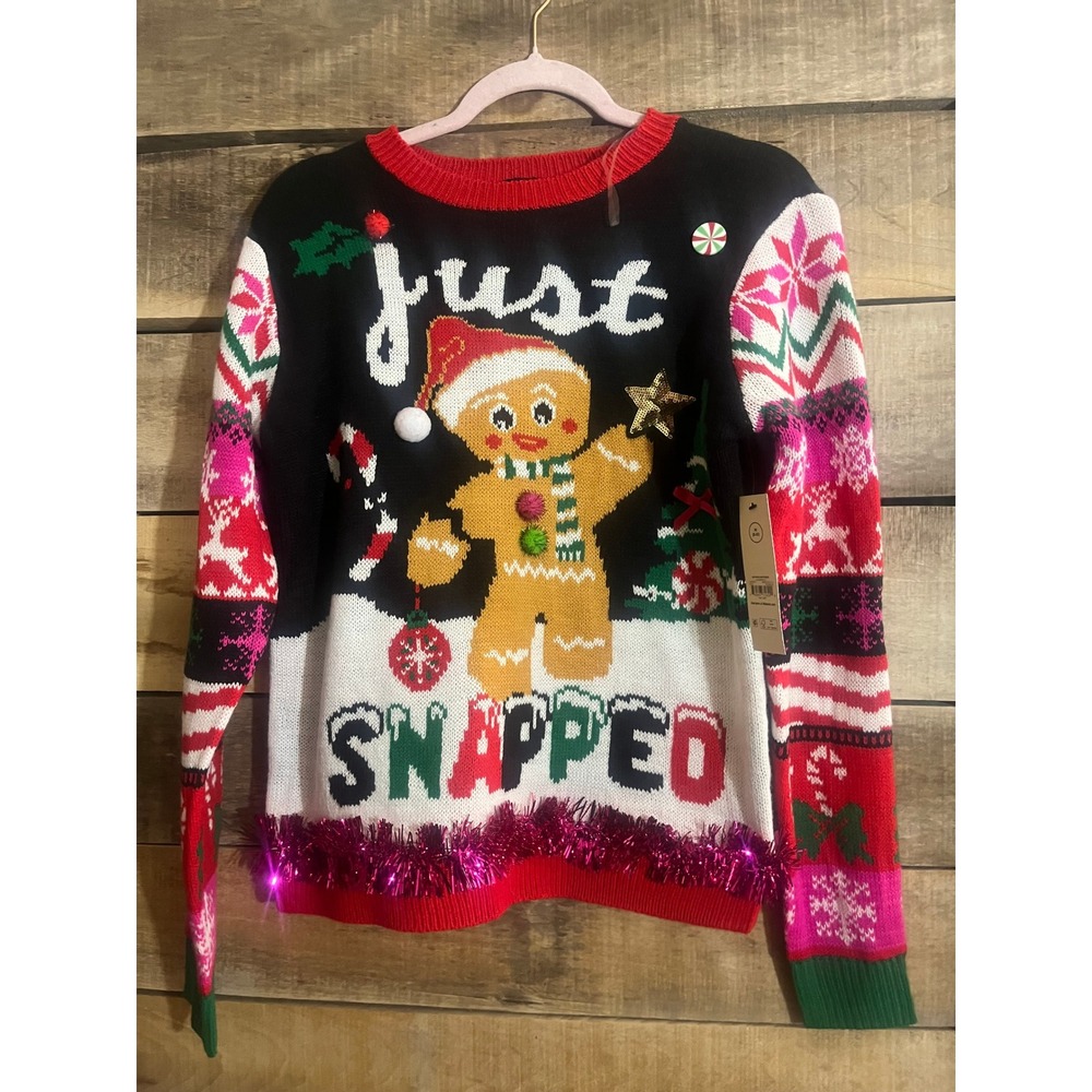 No Boundaries Womens Just Snapped Gingerbread Man Ugly Christmas Sweater Black M
